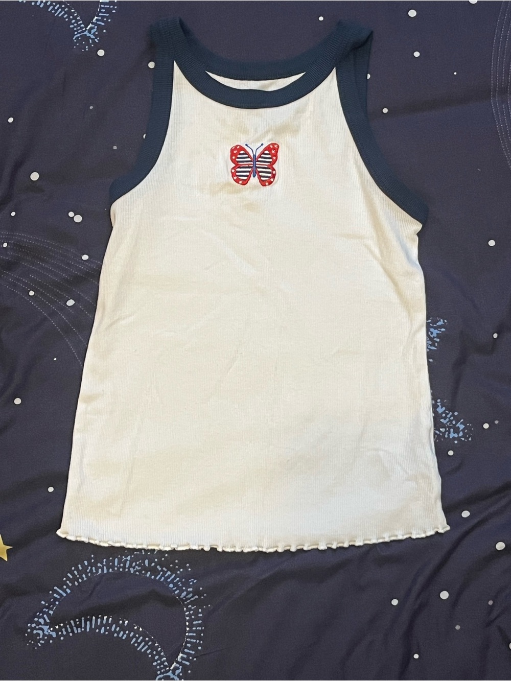 Celebrate It White Tank Top with Navy Trim and Red Butterfly